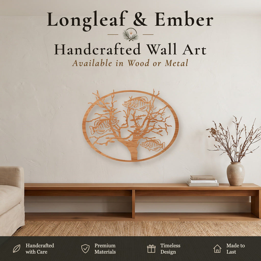 Stained wood Tree of Life wall art with fish design