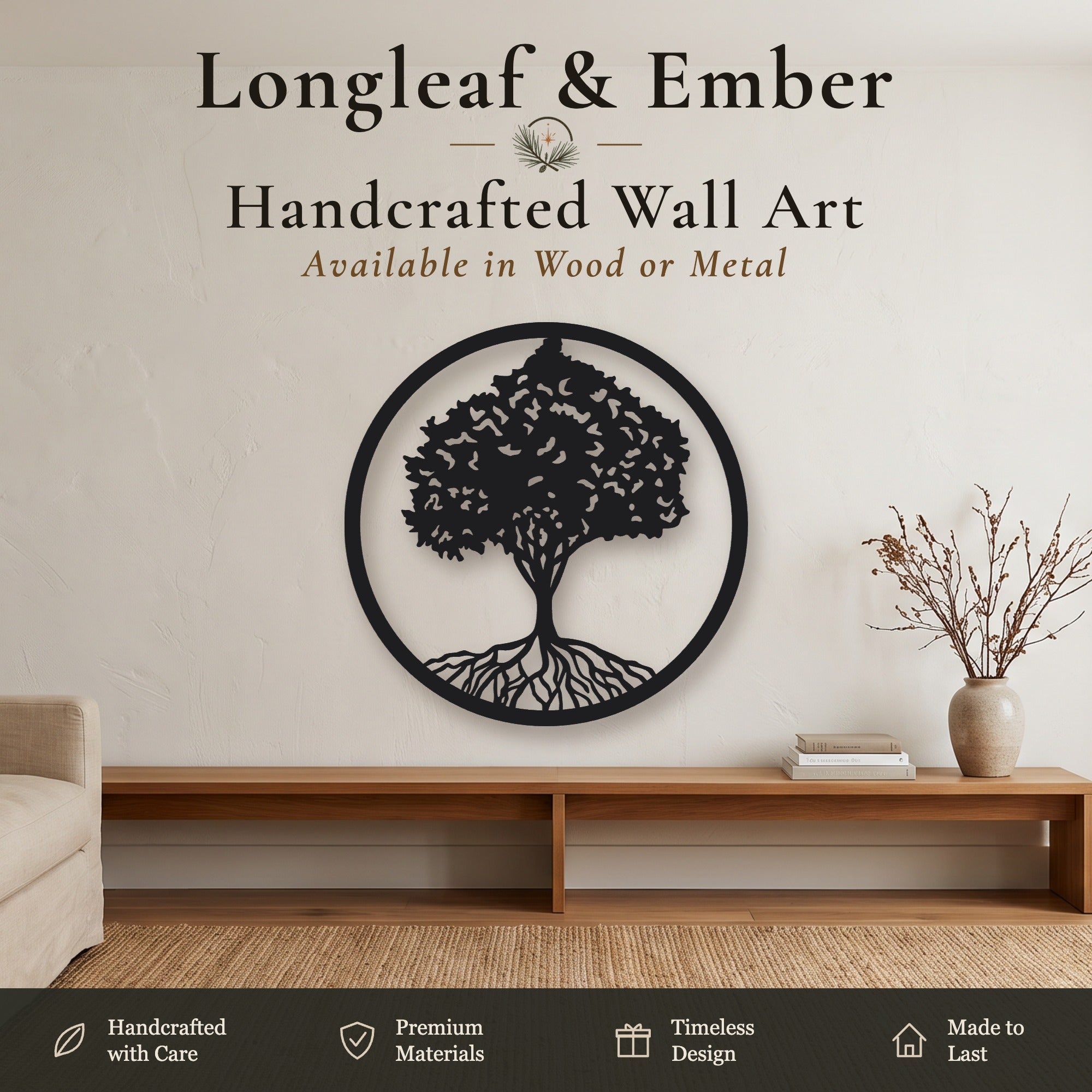 Black metal round Tree of Life wall art with roots design.