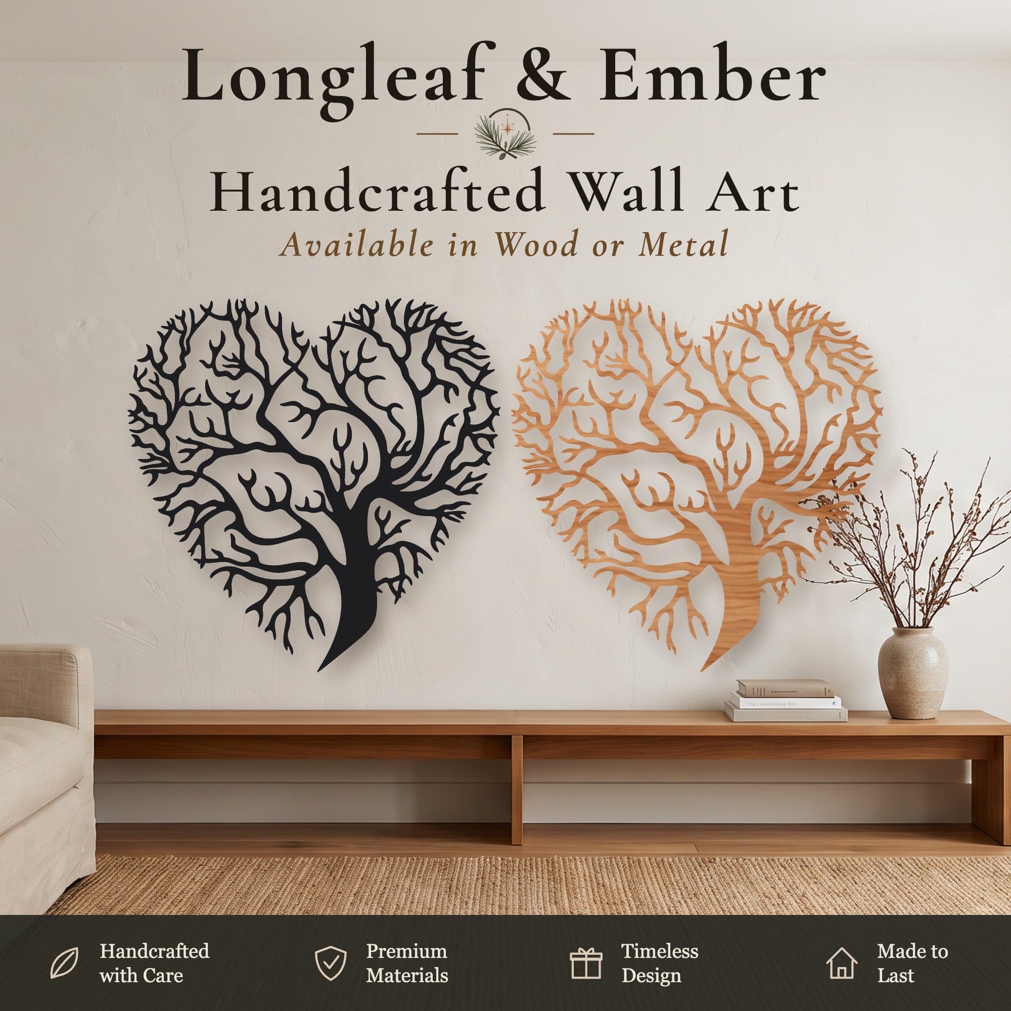 Heart Tree of Life Wall Art — Heart Shaped Tree, Metal or Wood Wall Hanging