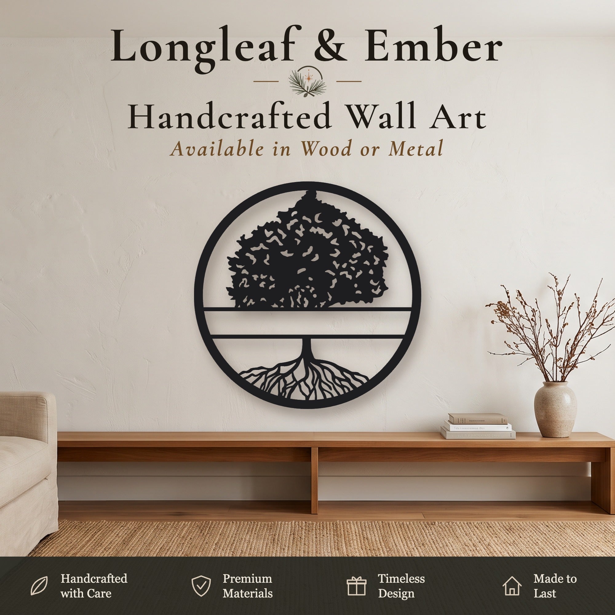 Black metal round Tree of Life wall art with blank name banner.