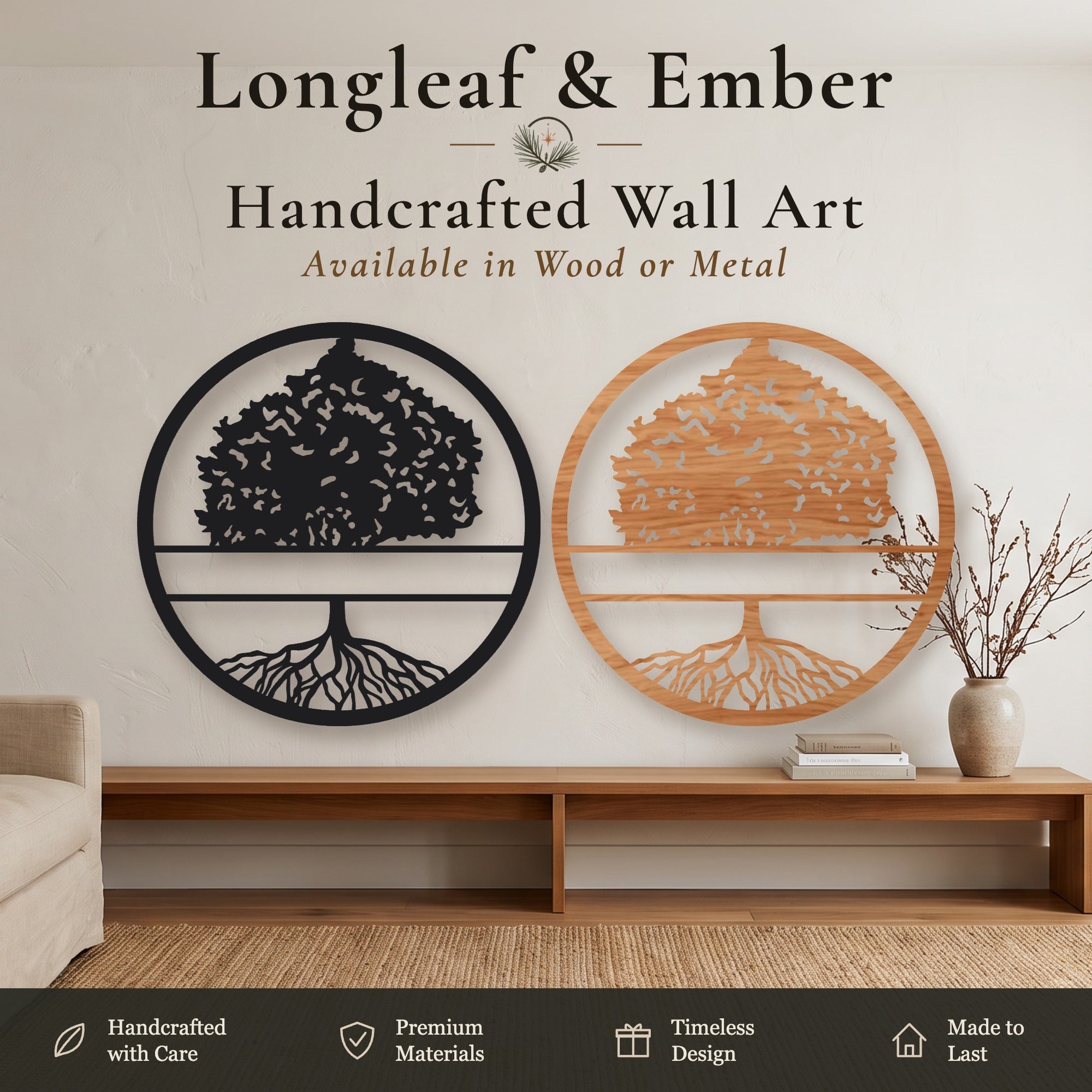 Two round Tree of Life wall art pieces with a blank banner for a custom family name, one in black metal and one in stained wood.