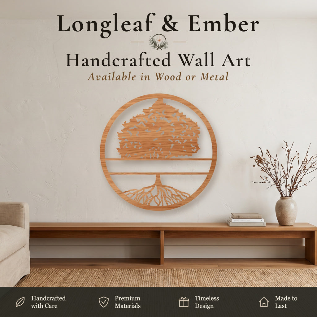 Stained wood round Tree of Life wall art with blank name banner.