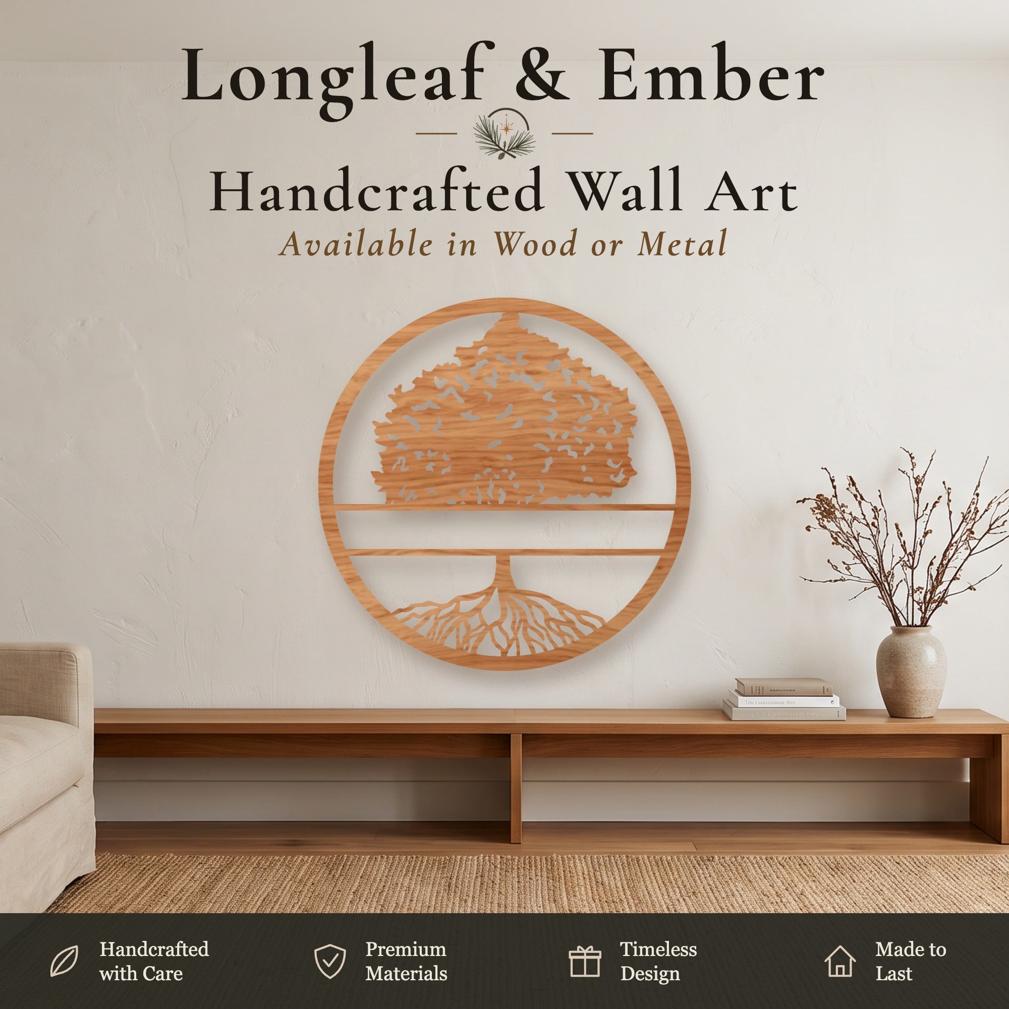 Stained wood round Tree of Life wall art with blank name banner.