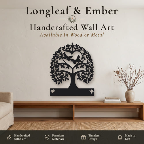 Black metal Tree of Life wall art with butterflies, heart, and custom name plate