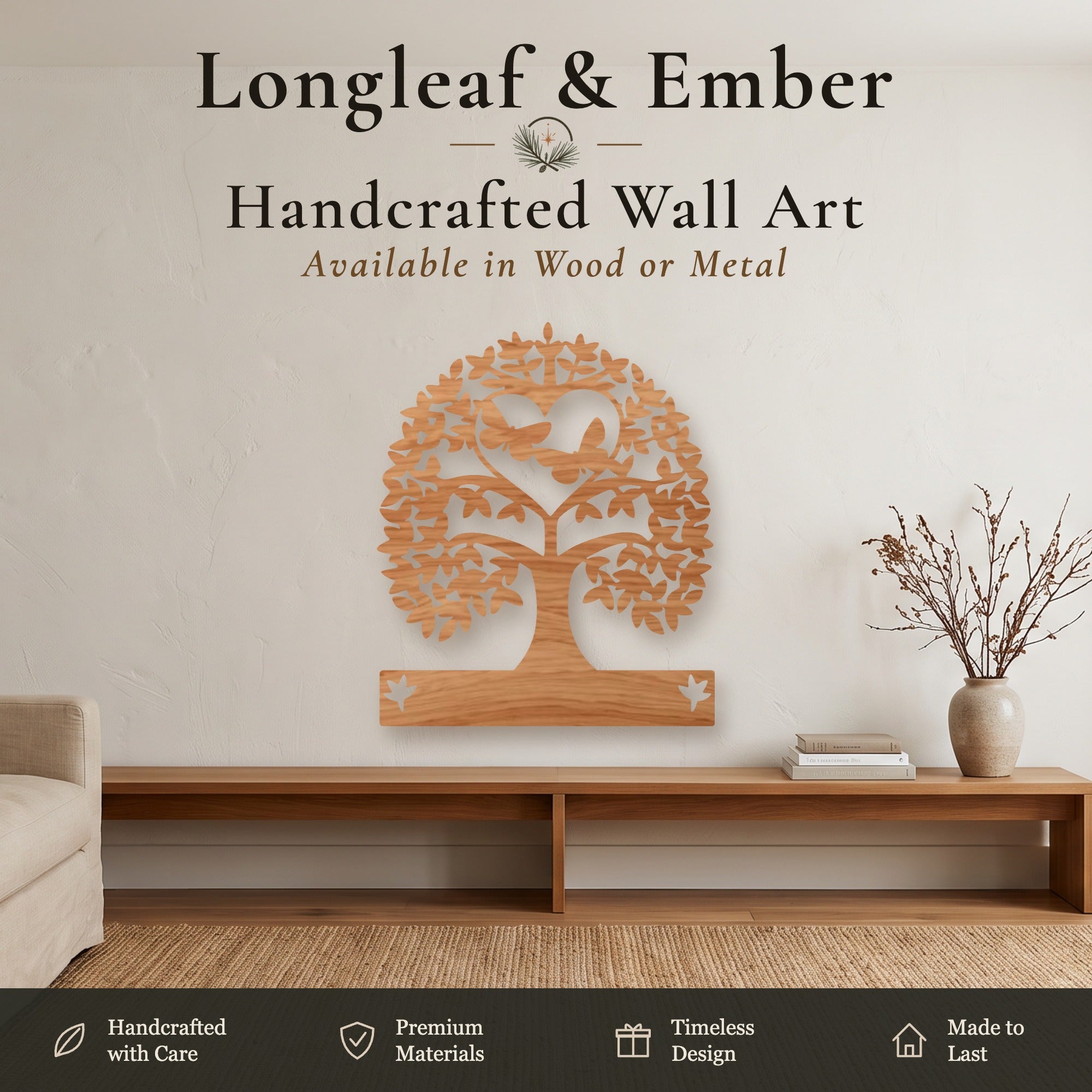 Stained wood Tree of Life wall art with butterflies, heart, and custom name plate.