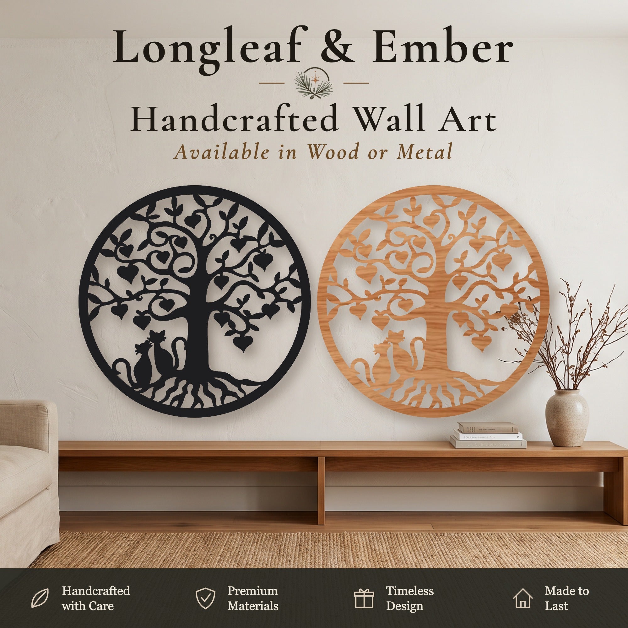 Two round Tree of Life wall art pieces with two cats and heart-shaped leaves, one in black metal and one in stained wood