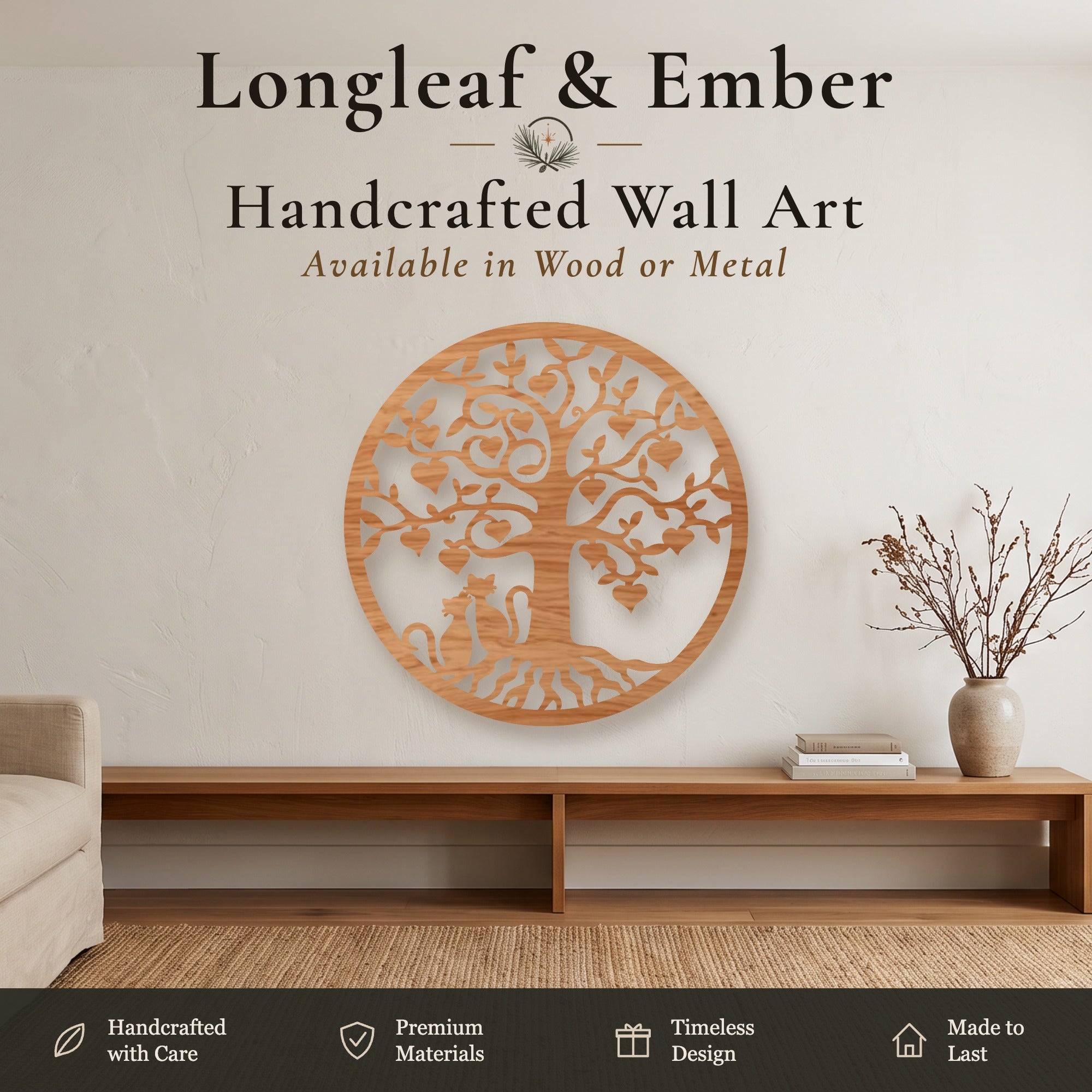 Round laser-cut wooden wall art featuring a tree of life with squirrels, displayed on a beige wall above a wooden console table in a modern living room setting. Text overlays at the top read 'Longleaf & Ember Handcrafted Wall Art' and a feature banner is visible at the bottom.