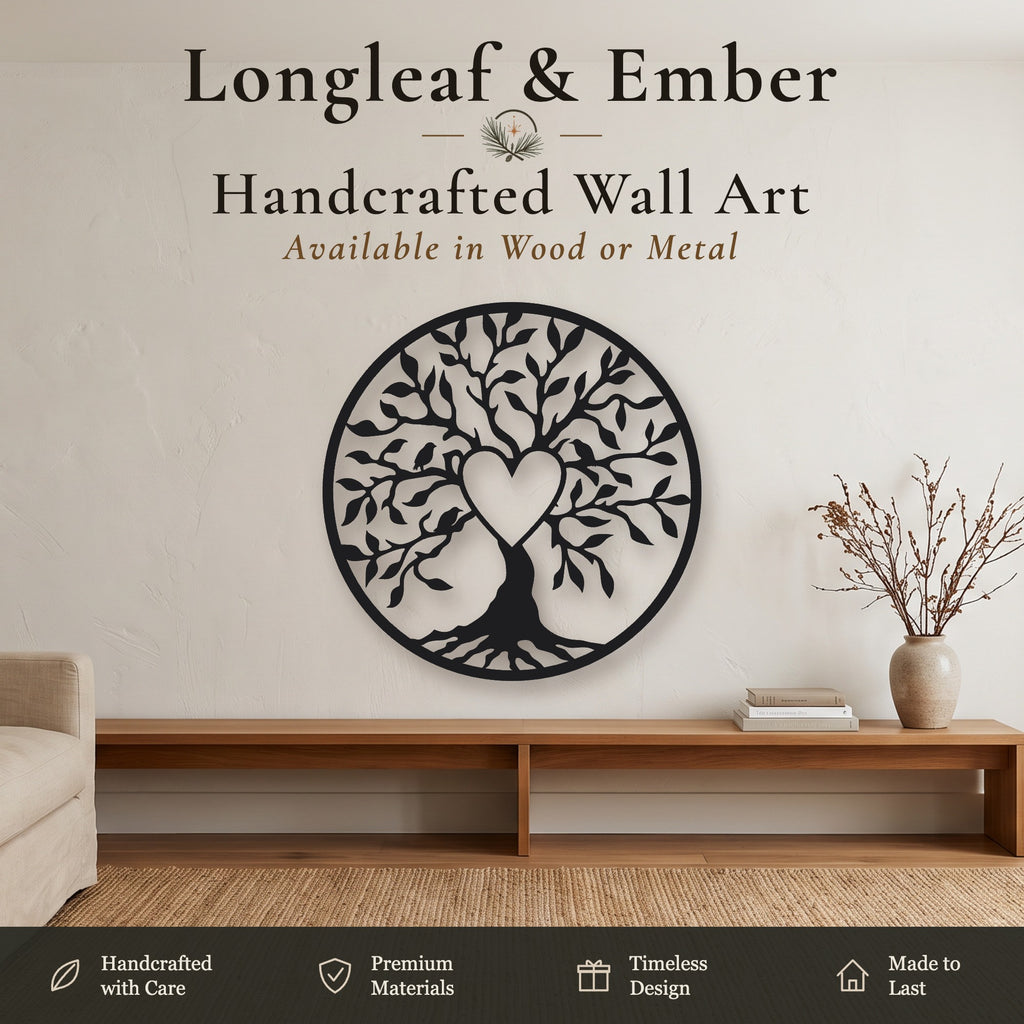 Black metal round Tree of Life wall art with heart cutout and birds.