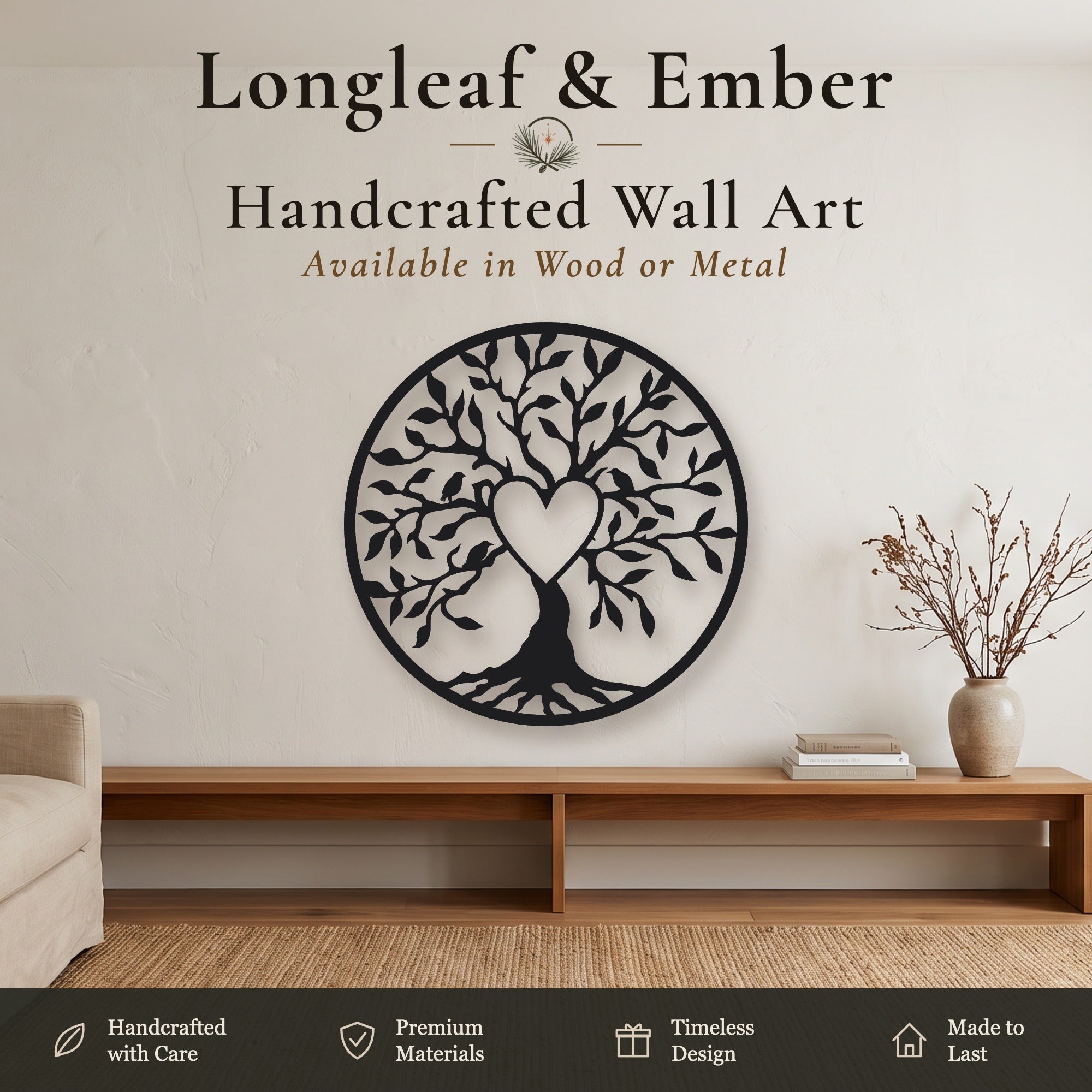 Black metal round Tree of Life wall art with heart cutout and birds.
