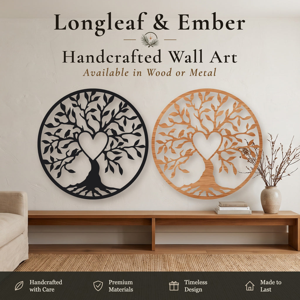 Two round Tree of Life wall art pieces with heart cutout in the trunk and birds in the branches, one in black metal and one in stained wood.