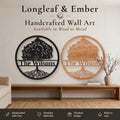Two round personalized Tree of Life wall art pieces with The Wilsons family name, one in black metal and one in stained wood.