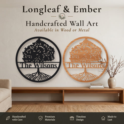 Two round personalized Tree of Life wall art pieces with The Wilsons family name, one in black metal and one in stained wood.