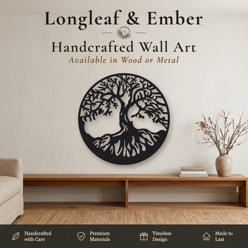 Black metal round Tree of Life wall art with ancient oak design.