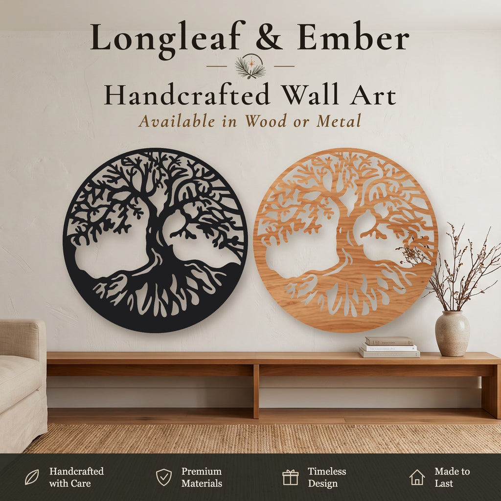 Two round ancient oak Tree of Life wall art pieces, one in black metal and one in stained wood, displayed above a wooden console table