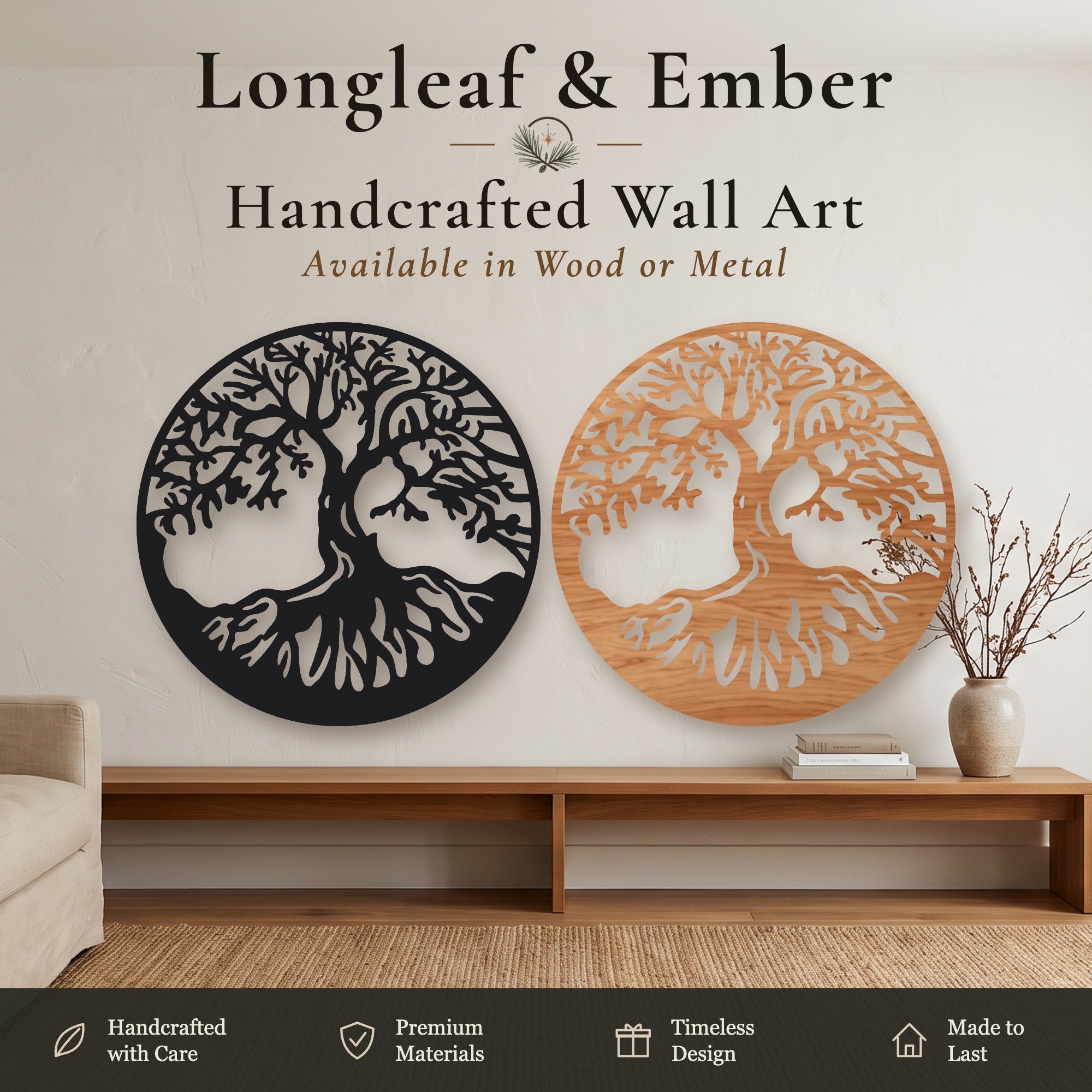 Two round ancient oak Tree of Life wall art pieces, one in black metal and one in stained wood, displayed above a wooden console table