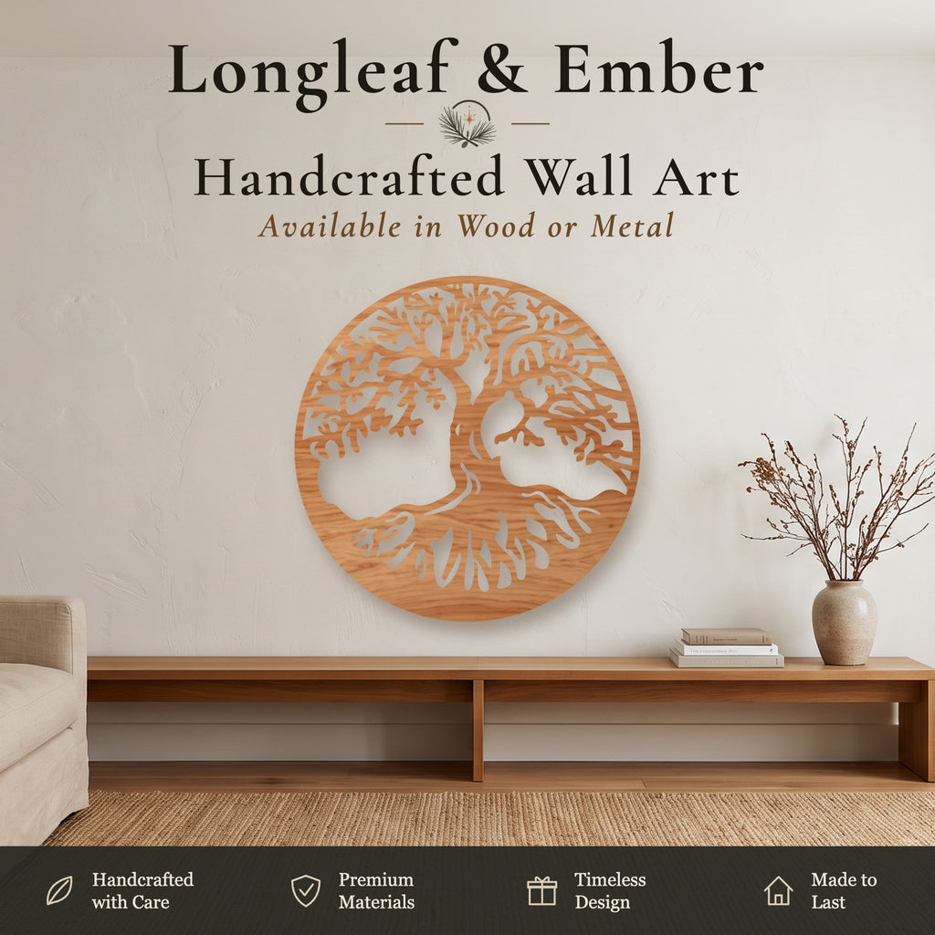 Stained wood round Tree of Life wall art with ancient oak design.