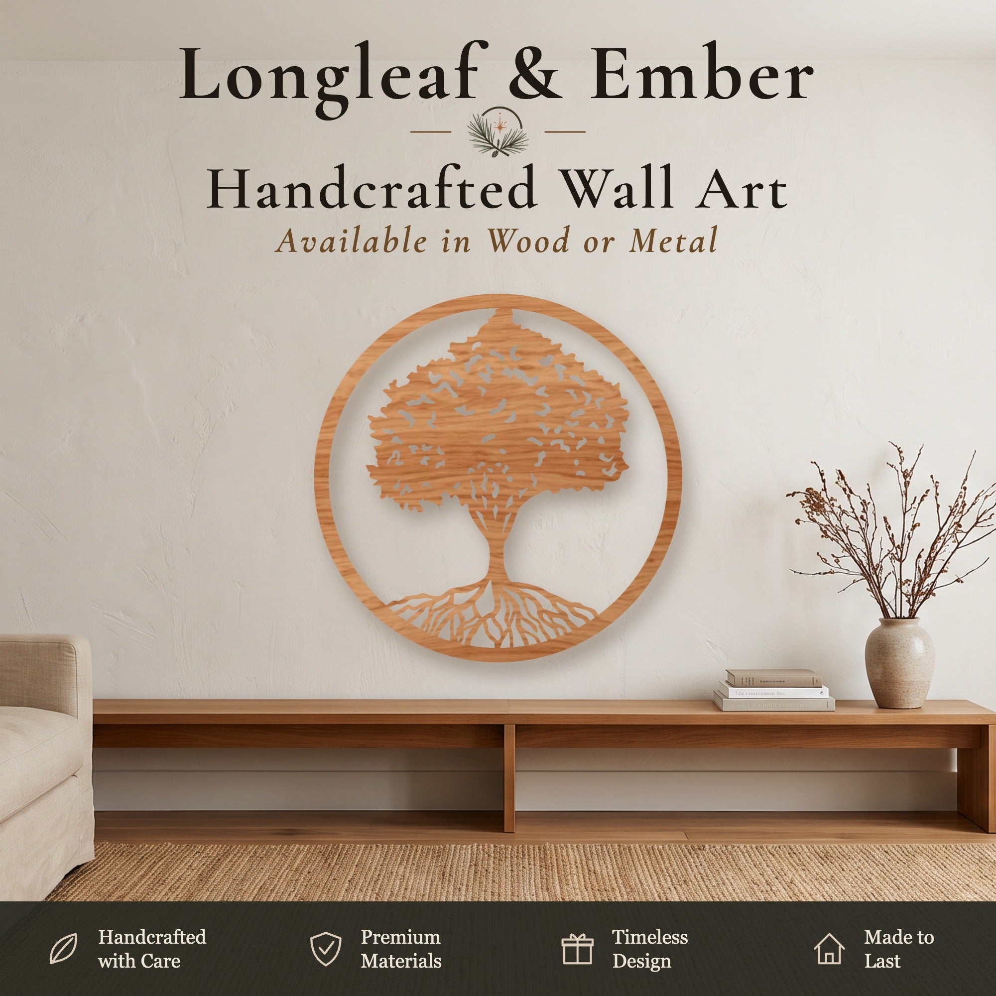 Stained wood round Tree of Life wall art with roots design.