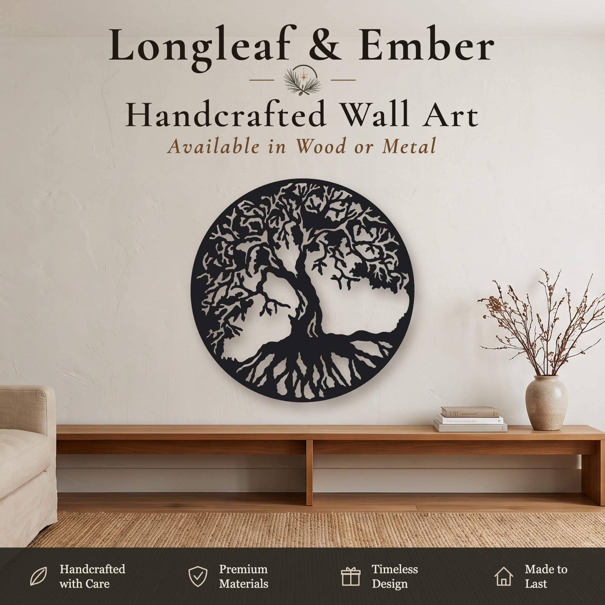 Black metal round Tree of Life wall art with windswept branches