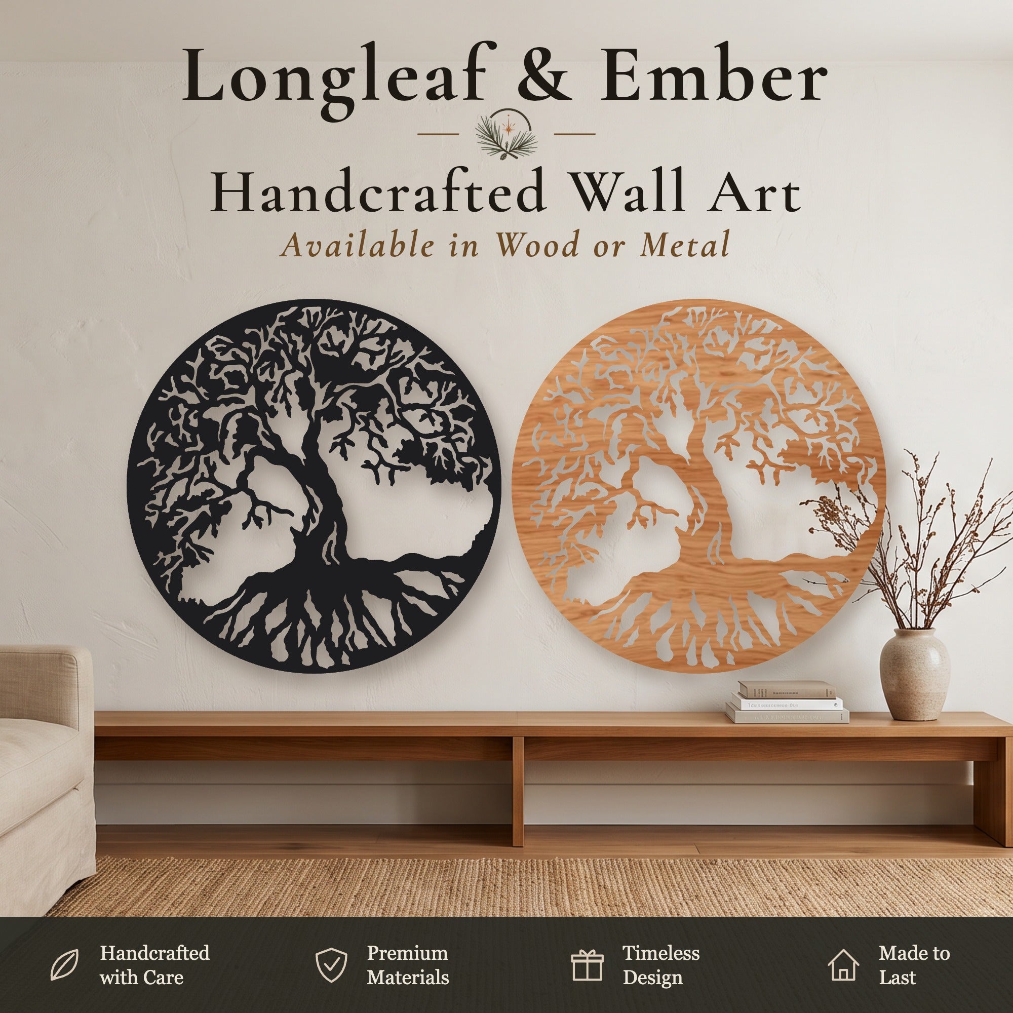 Two round windswept Tree of Life wall art pieces, one in black metal and one in stained wood, displayed above a wooden console table