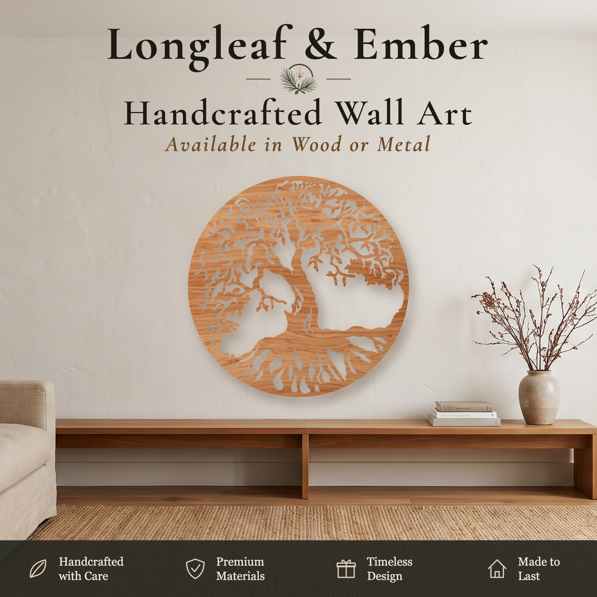 Stained wood round Tree of Life wall art with windswept branches.