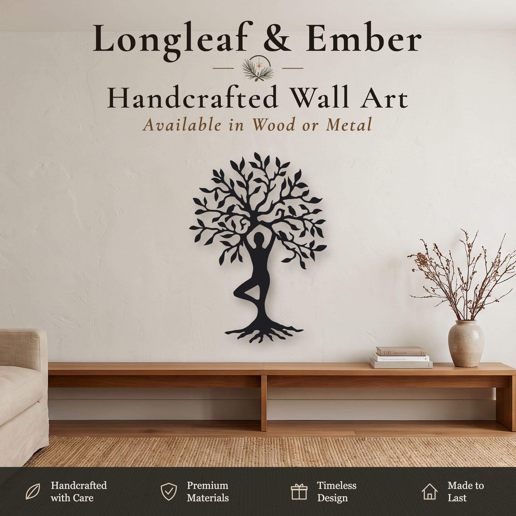 Black metal Tree of Life wall art with yoga tree pose figure