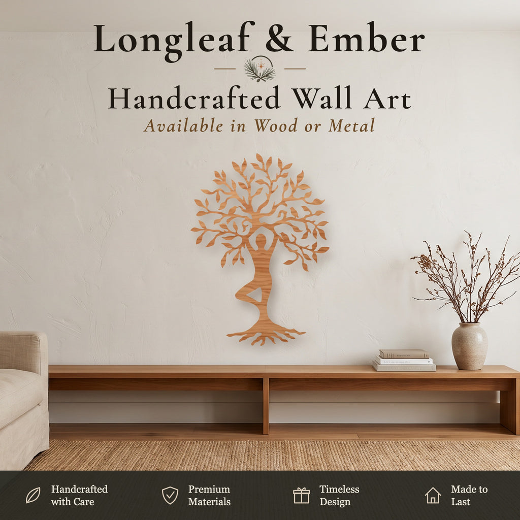 Stained wood Tree of Life wall art with yoga tree pose figure.