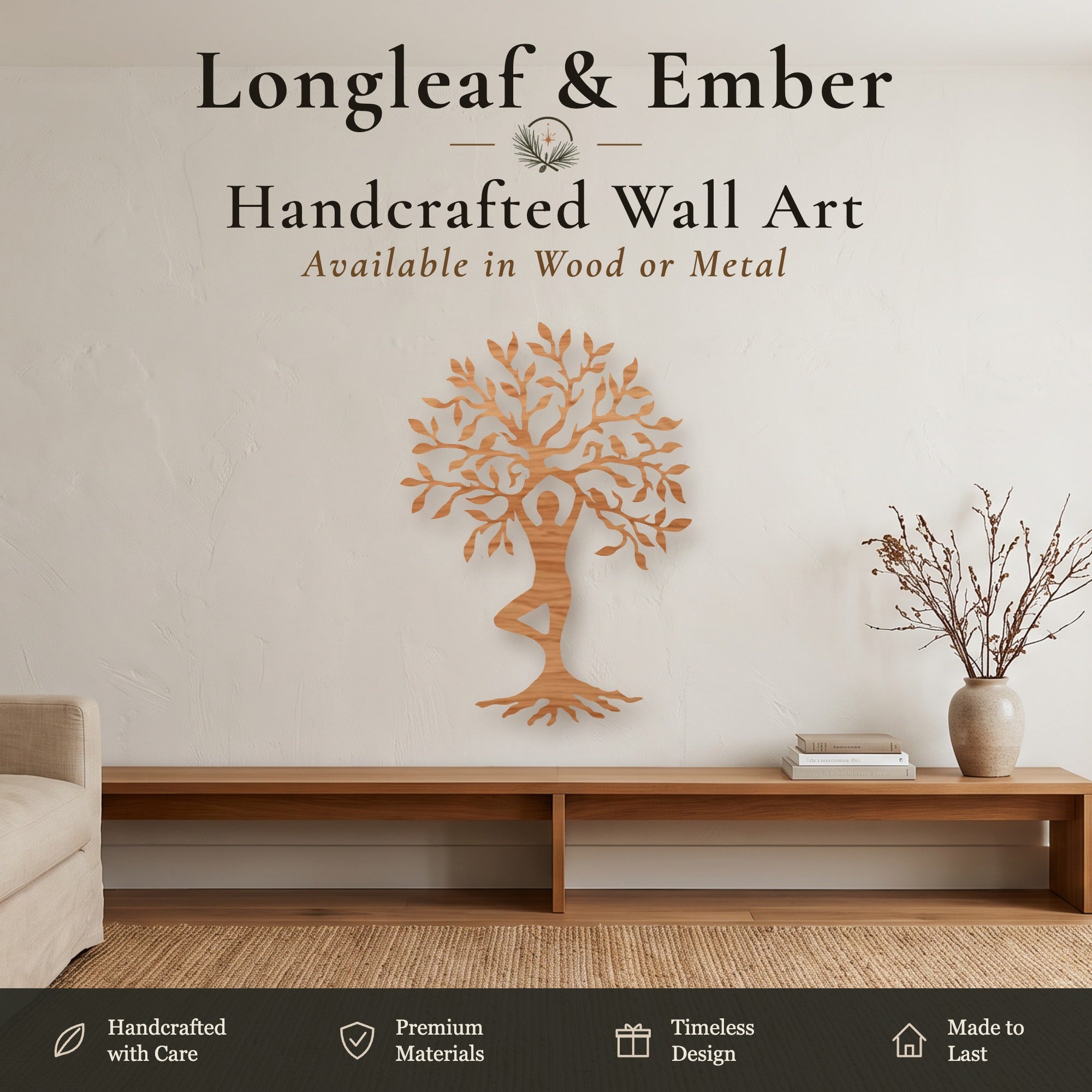 Stained wood Tree of Life wall art with yoga tree pose figure.